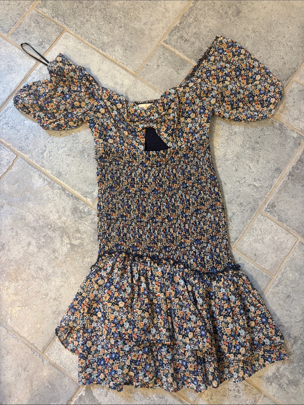 UO Kiss the Sky Floral Smocked Mini Dress with Puff Sleeves - Blue & Mustard